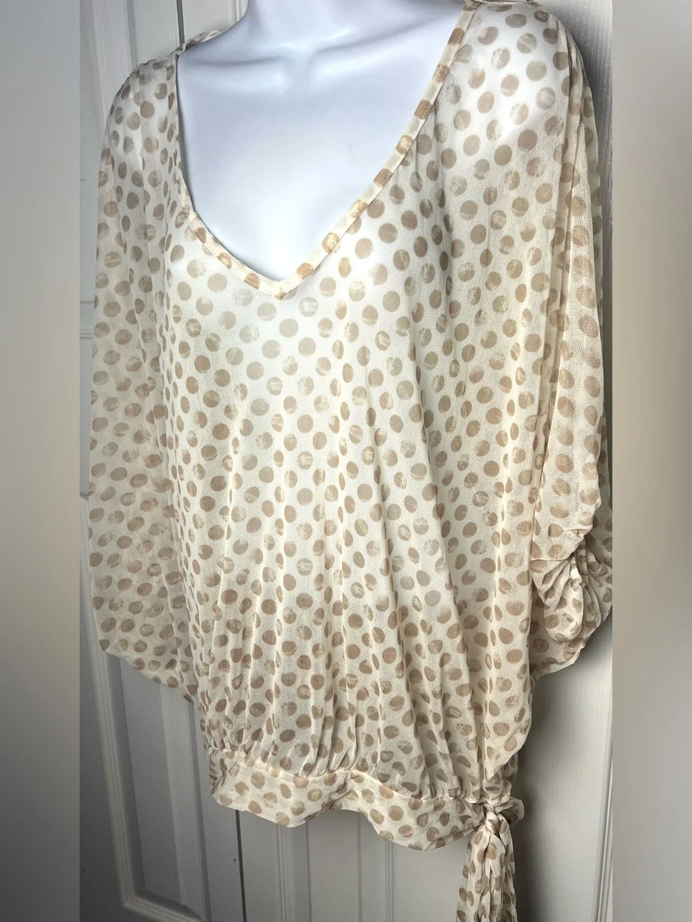 SWEET PEA Stacy frati Y2K Polka Dot Sheer Dolman Tan Ivory V Neck Feminine